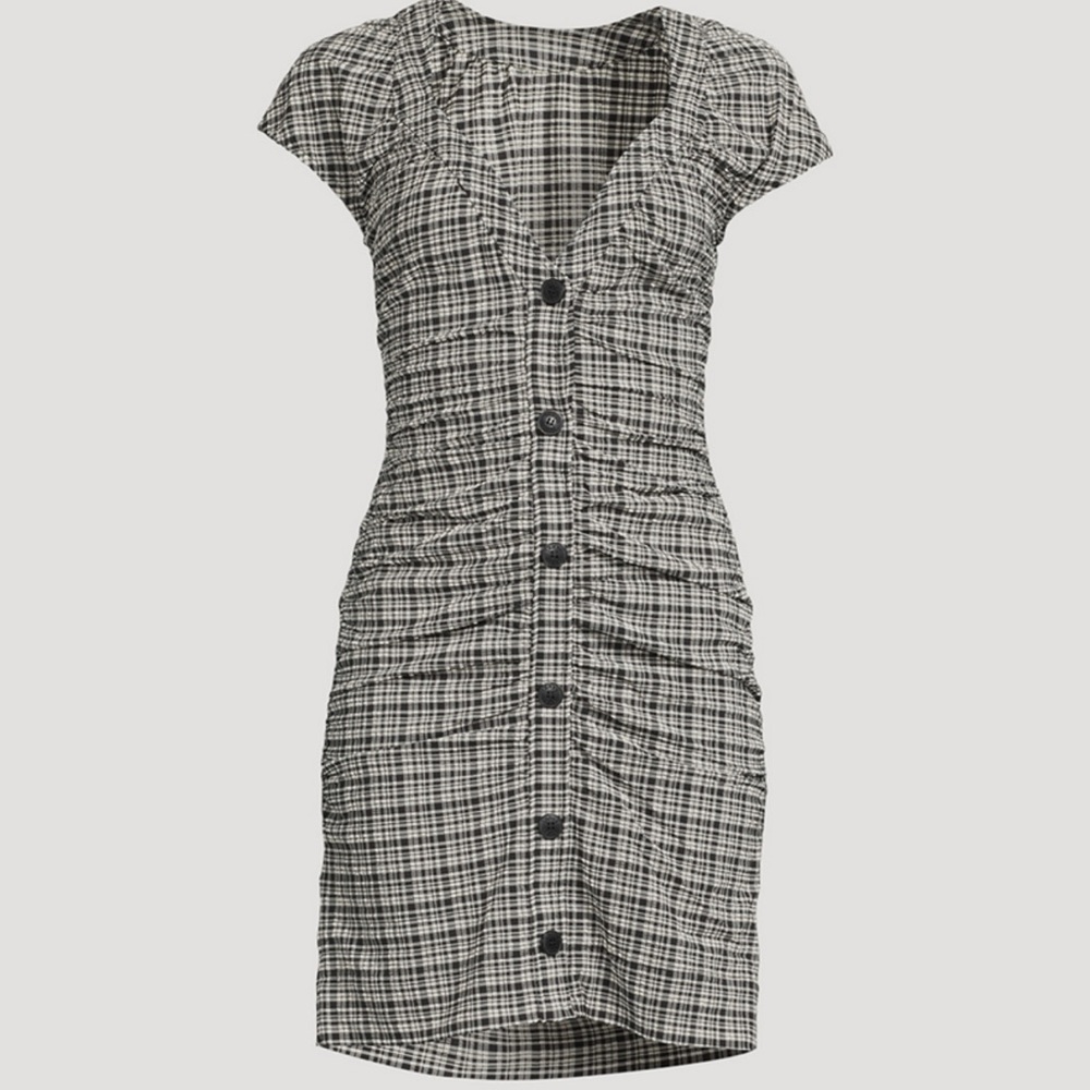 🔑 GANNI Ruched Seersucker Plaid Mini Dress